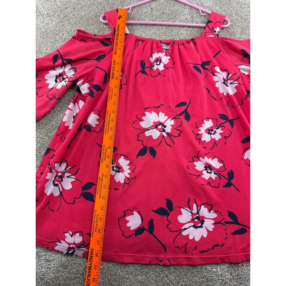 Catherines Womens 1X Red Floral Cold Shoulder Bell Sleeve Blouse Top 18 20W Plus - Picture 7 of 10